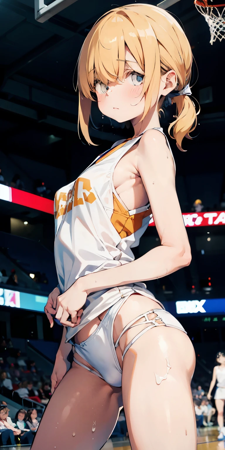 Random basketball player white skin girl, cool shooting on hoop shot, happy, cute shy girl, blond long hair, sexy, slim, poser, tomboy, cool basketball court background, yellow binnie ,  white micro bikini , thin legs, flat chest, red sneakers, detailed nipples, detailed vagina,  wet tight clothes, wet body, wet hair, exposed body, 