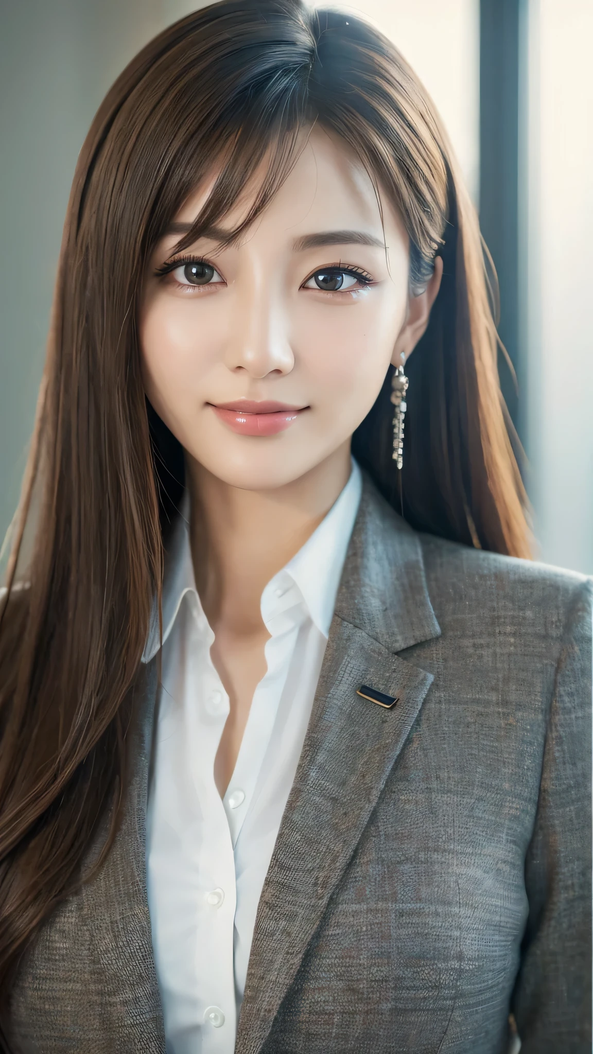 table top、highest quality、genuine、Super detailed、finely、High resolution、8k wallpaper、one beautiful woman、、、light brown disheveled hair、wearing a business suit、sharp focus、perfect dynamic composition、beautiful and detailed eyes、thin hair、Detailed genuine skin texture、smile、model body shape、In Tokyo at morning、