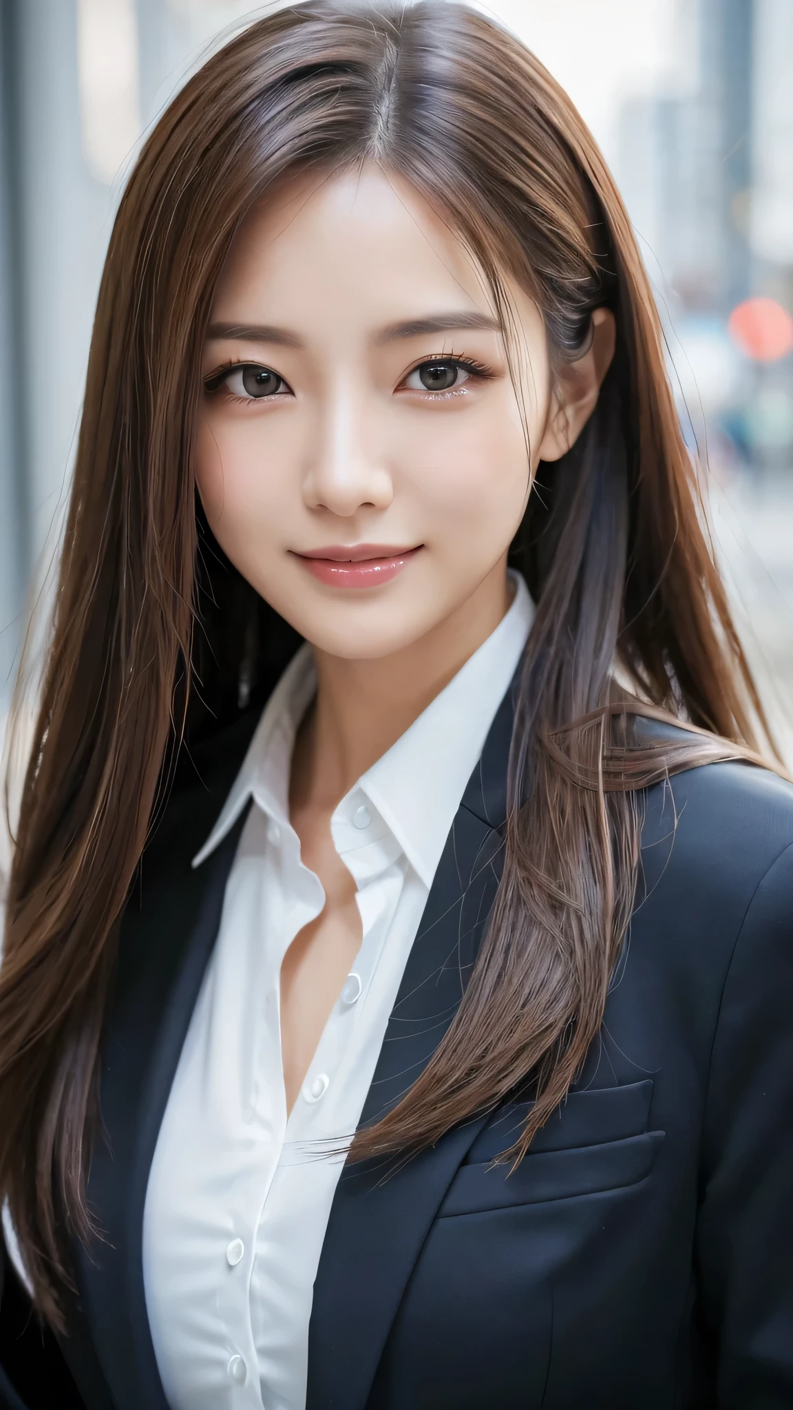 table top、highest quality、genuine、Super detailed、finely、High resolution、8k wallpaper、one beautiful woman、、、light brown disheveled hair、wearing a business suit、sharp focus、perfect dynamic composition、beautiful and detailed eyes、thin hair、Detailed genuine skin texture、smile、model body shape、In Tokyo at morning、