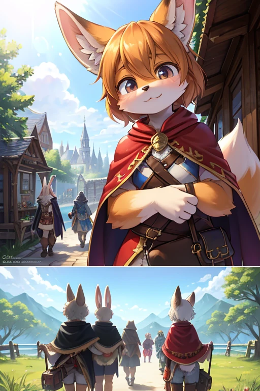 The various events that occur during the journey form the story of the film. As the film is traveling, the locations of each scene change , various view , happening scene , dynamic move , hairy Short stature fox girl with Townspeople , (realistic hairy bunny fur:1.2) , round face , (tilt face:1.2) , (half-open eyes) , Swollen cheeks , glossy lips , (Looking away , Look around:1.2) ,  (wearing fantastic wear and Cape) , travel bag , Walking around the fantasy world