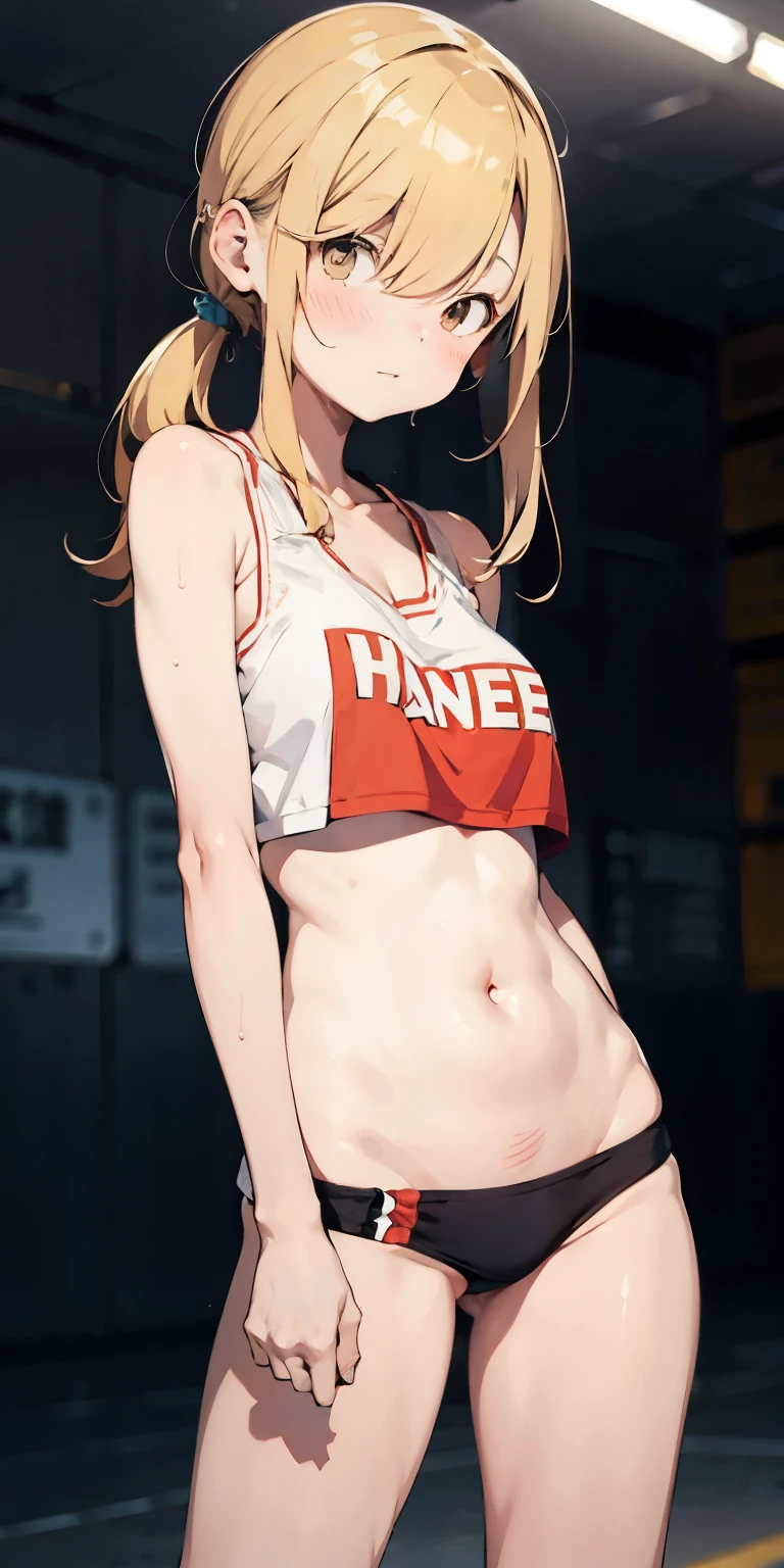 Random basketball player white skin girl, cool shooting on hoop shot, happy, cute shy girl, blond long hair, sexy, slim, poser, tomboy, cool basketball court background, yellow binnie , nude, white micro bikini , thin legs, flat chest, red sneakers, detailed nipples, detailed vagina,  wet tight clothes, wet body, wet hair, exposed body, 
