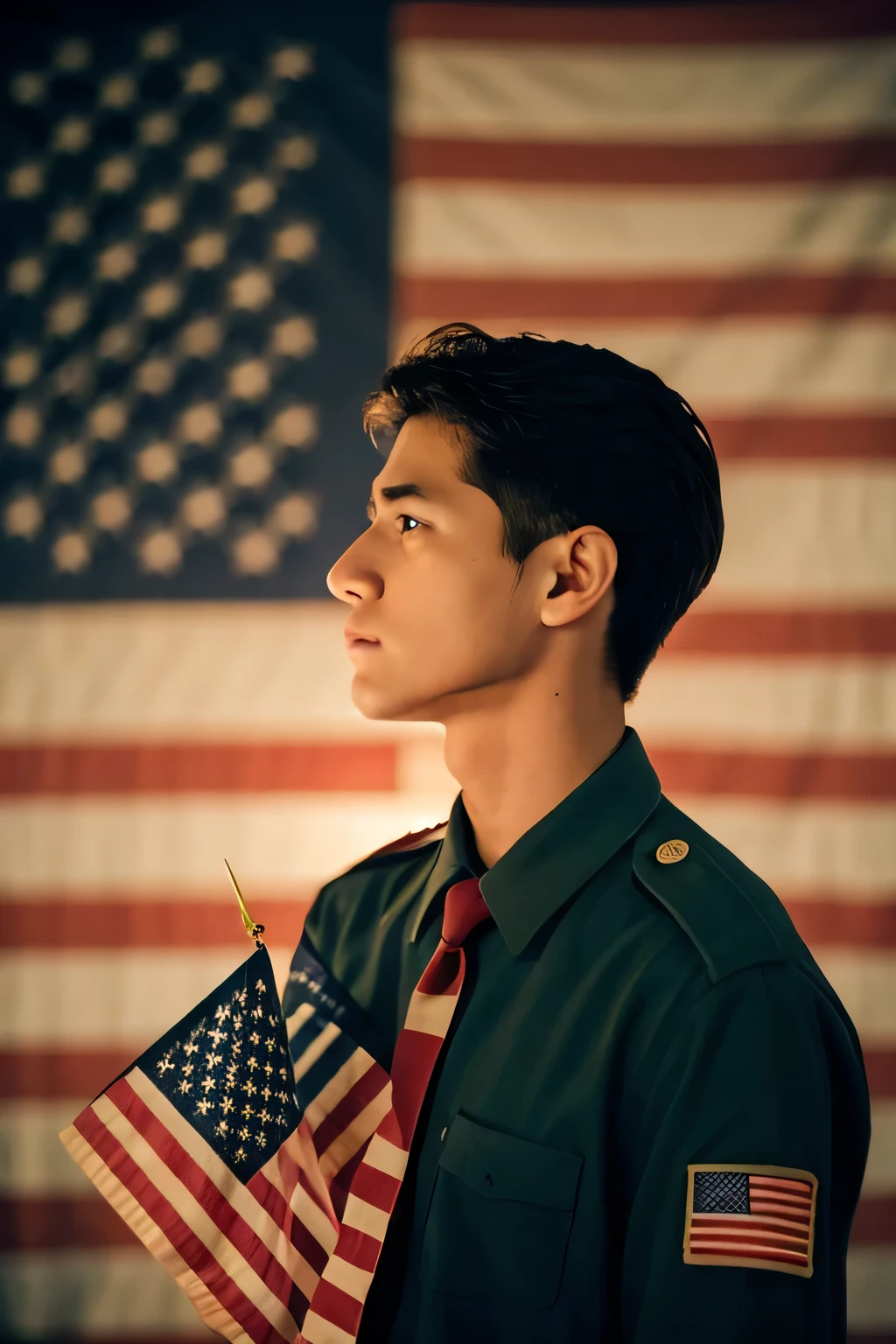 Man holding American flag、Dim atmosphere、Bird's-eye view