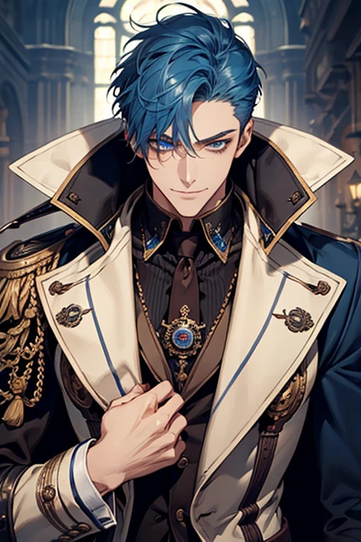 male, adult, blue hair, short hair, blue eyes, beautiful, handsome, prestigious, proud, confident smile, steampunk fantasy