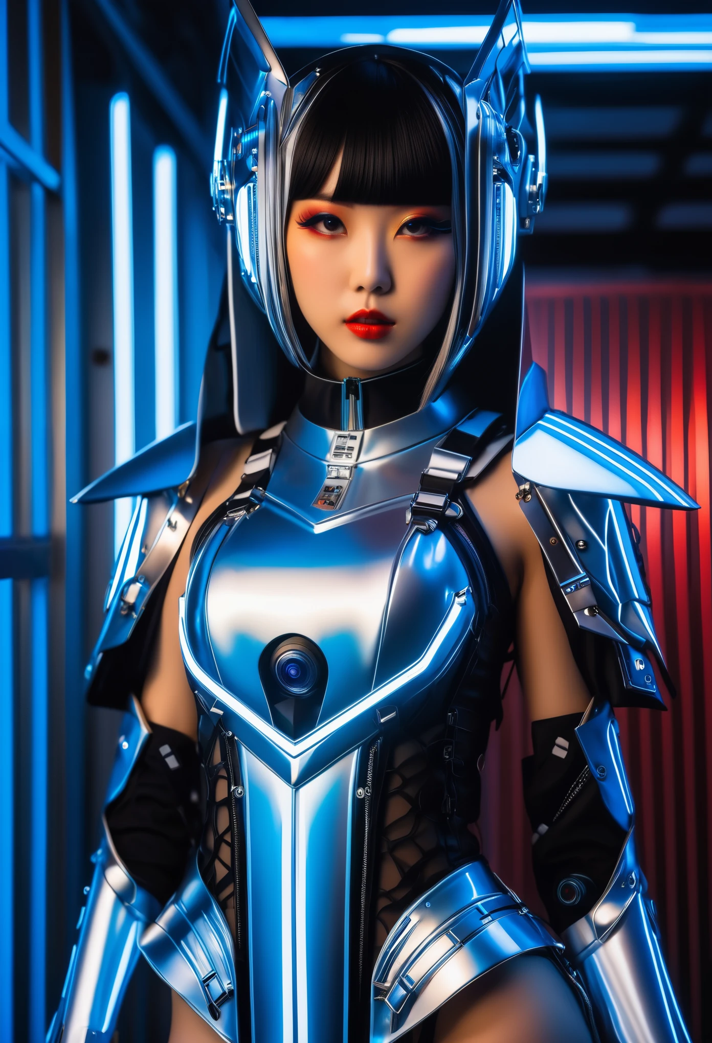 Stunning portrait of a beautiful Japanese girl, hyper-realistic character, fantasy futuristic clothes, modern Japan culture, inspired by Hajime Sorayama and Ash Thorp, vibrant colors, soft natural light, Canon EOS 5D Mark IV, ƒ 2.2, 50 mm, 4k, high-dynamic-range.