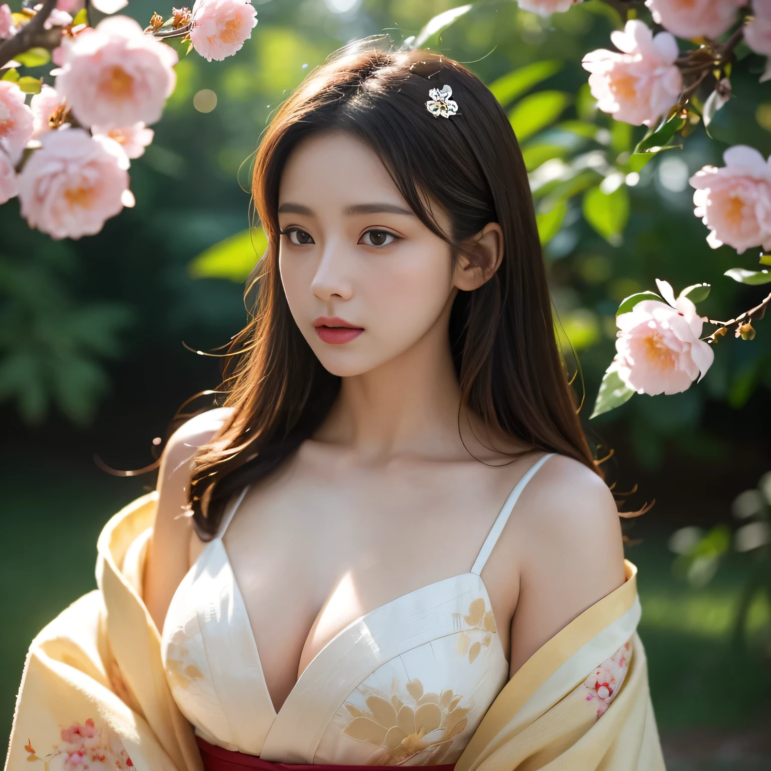(Masterpiece, top quality, best quality, official art, beautiful and aesthetic: 1.2), (1 girl), busty brunette, seductive pose, wearing a traditional Japanese yukata revealuing ample cleavage, cherries blossoms surrounding her, petals gently falling, ultra-detailed, colorful, harmony of natural beauty and feminine allure, shining golden sunrays piercing through the petals, highly textured skin, lifelike expression, delicate features, soft hair, a serene and enchanting scene, cinematic lighting, god light, ray tracing, first person perspective, hyper HD, award-winning, high resolution, detailed and intricate,