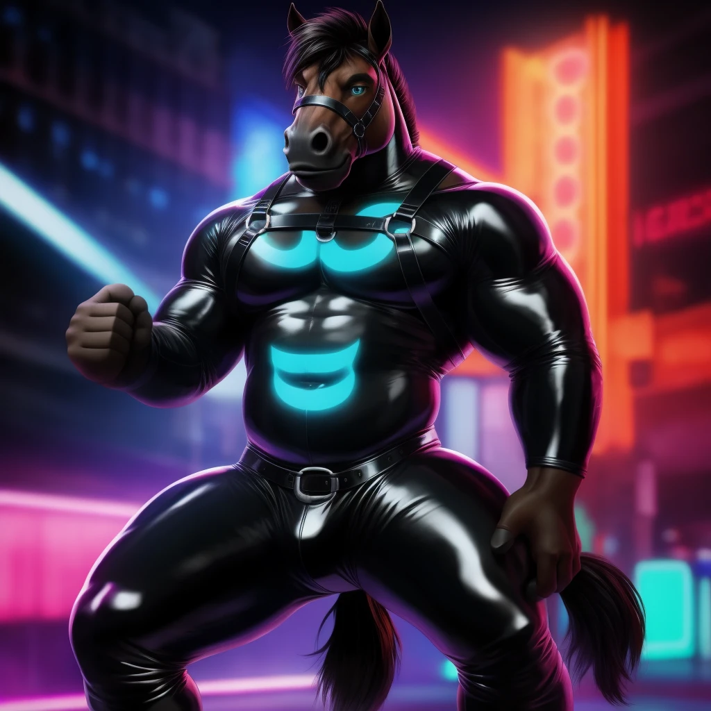 Furry, Antro, [Horse color Marron Oscuro] , Horse Tail,  [Bulto Male Big], black leather harness, Arnes de Cuero negro, slip latex negro, Correas de cuero negro, cuero negro, Unifome Bondage, Latex oscuro, Solo, De Pie, [Bulto Male Big], Hooves , Detallado 4k, cuerpo completo, cuerpo furry Marron dark, fondo de Discoteca con Luces de Neon , pupil Eyes blue, Alta resolucion, hermoso,Torso peludo, 