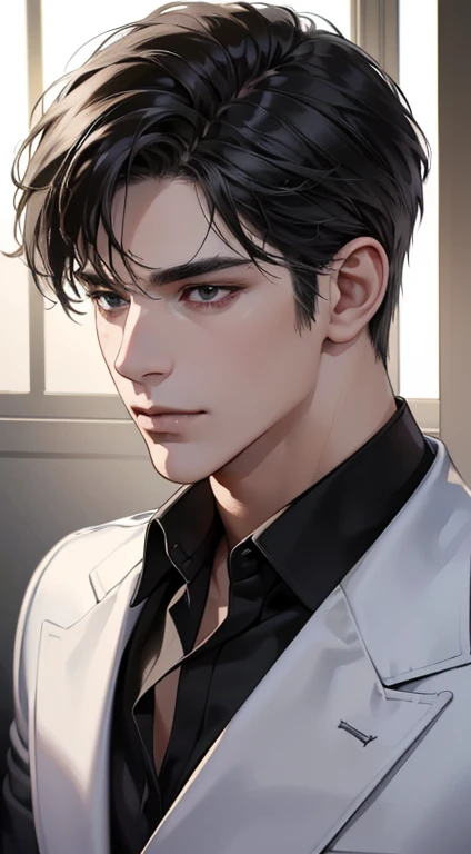 (best quality, masterpiece, 8K, photorealistic, cinematic lighting, 1:4 hdr image, top view, ultra detailed, beautiful image), a mature man, very handsome, short black hair, black eyes, perfect face without errors , (CEO)