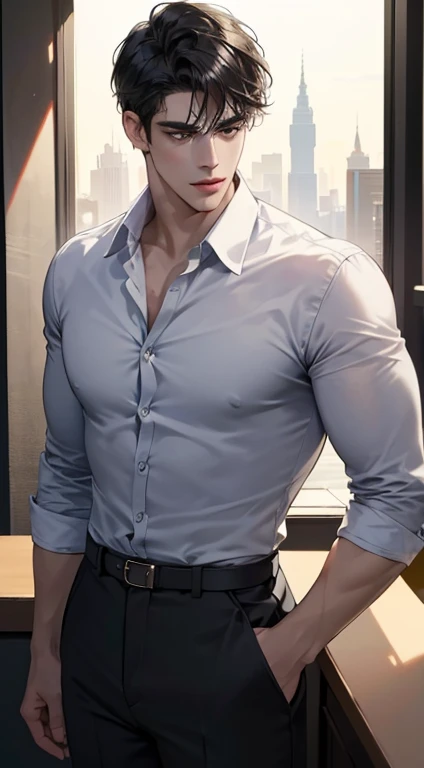 (best quality, masterpiece, 8K, photorealistic, cinematic lighting, 1:4 hdr image, top view, ultra detailed, beautiful image), a mature man, very handsome, short black hair, black eyes, perfect face without errors , (CEO)