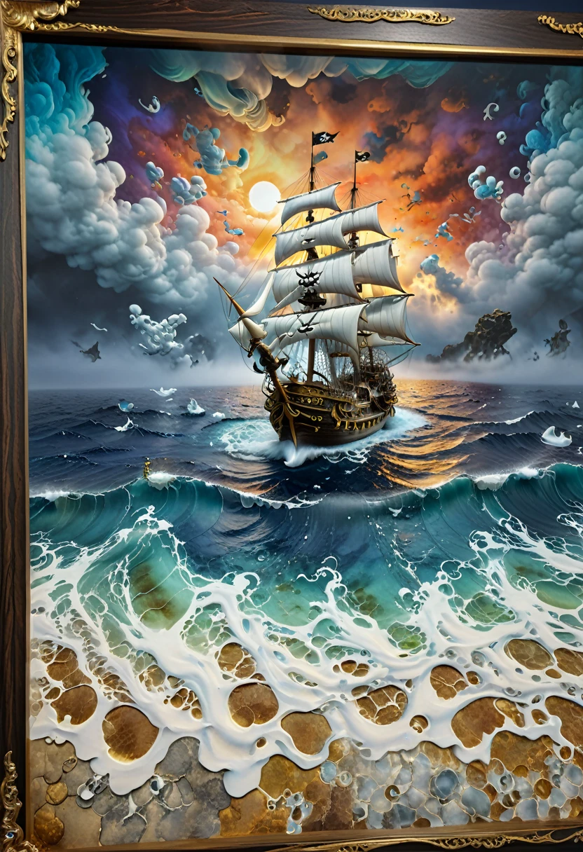 (3d Framed, seascape), Pirate, Running paint, colorful volumetric mad-marbled-paper fog, 3D matrix, Depth pad evo 5, Event Horizon, Canny Mapping, Tile set 4, UHD, (masterpiece, best quality, Professional, perfect composition, very aesthetic, absurdres, ultra-detailed, intricate details:1.3)