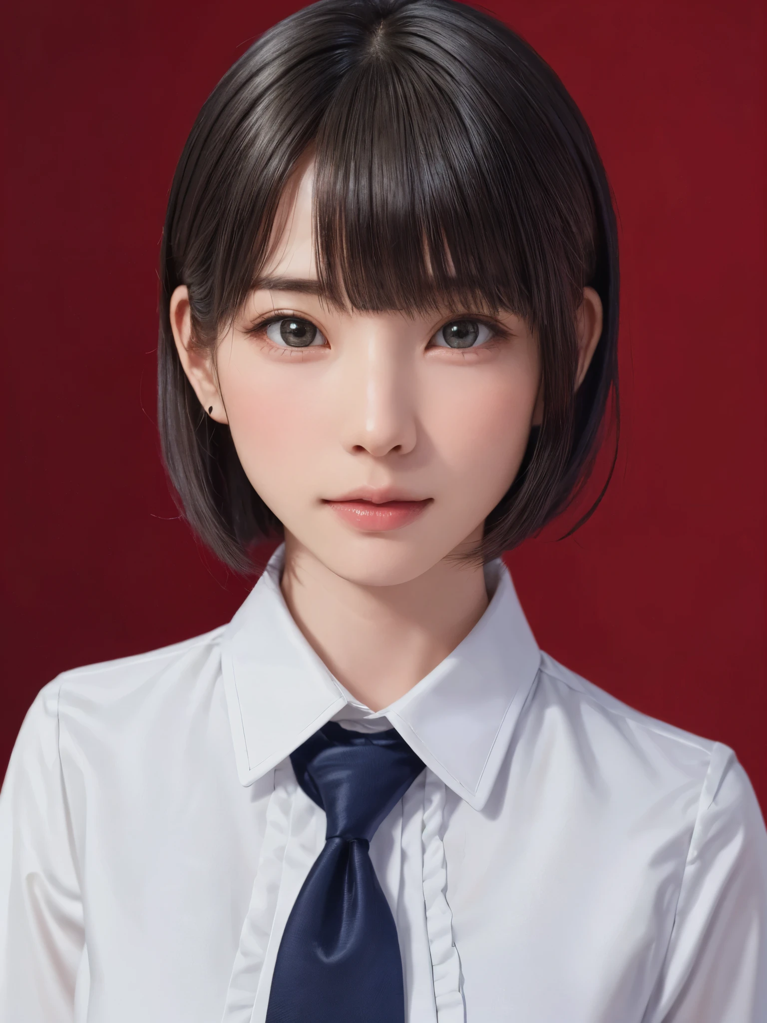 (masterpiece:1.3), (Realistic, RAW Photos, highest quality: 1.4), (One Girl), Beautiful Face, (超Realistic Face、シンメトリーのBeautiful Face), (Short black hair, short hair:1.6、bangs:1.3、Show off your beautiful ears), Beautiful hairstyle, (Realistic eyes), Beautiful details, Long eyelashes, (Realistic Skin), Beautiful Skin, [Big Breasts:1.3], (Perfect body:1.3), (Detailed body:1.2), (tie), (Collared shirt, Pleated skirt:1.3), Absurd, charm, Ultra-high resolution, Ultra-realistic, Very detailed, Golden Ratio,Very cute beautiful woman、28 years old