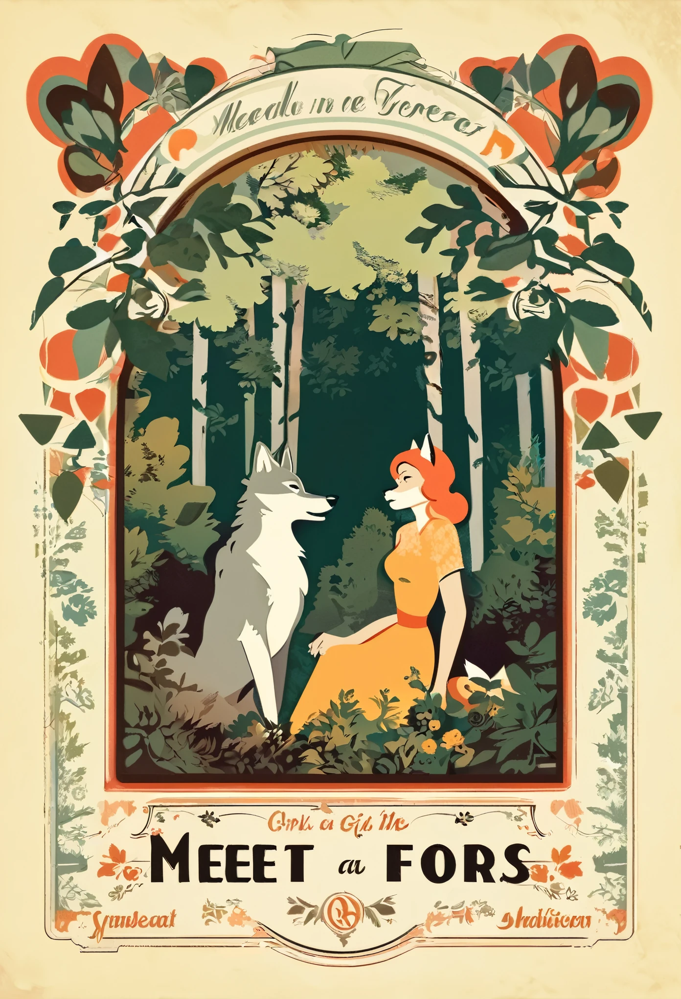 cover page, ephemera, label, retro, Vintage, A girl and a wolf meet in the forest, flat Design, vector illustrations, graphic illustration, detailed 2d illustration, flat illustration, digital illustration, digital artwork,