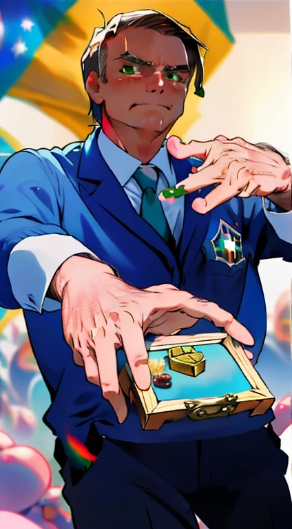 Bolsonaro, president of Brazil, holding a precious treasure box with his hands