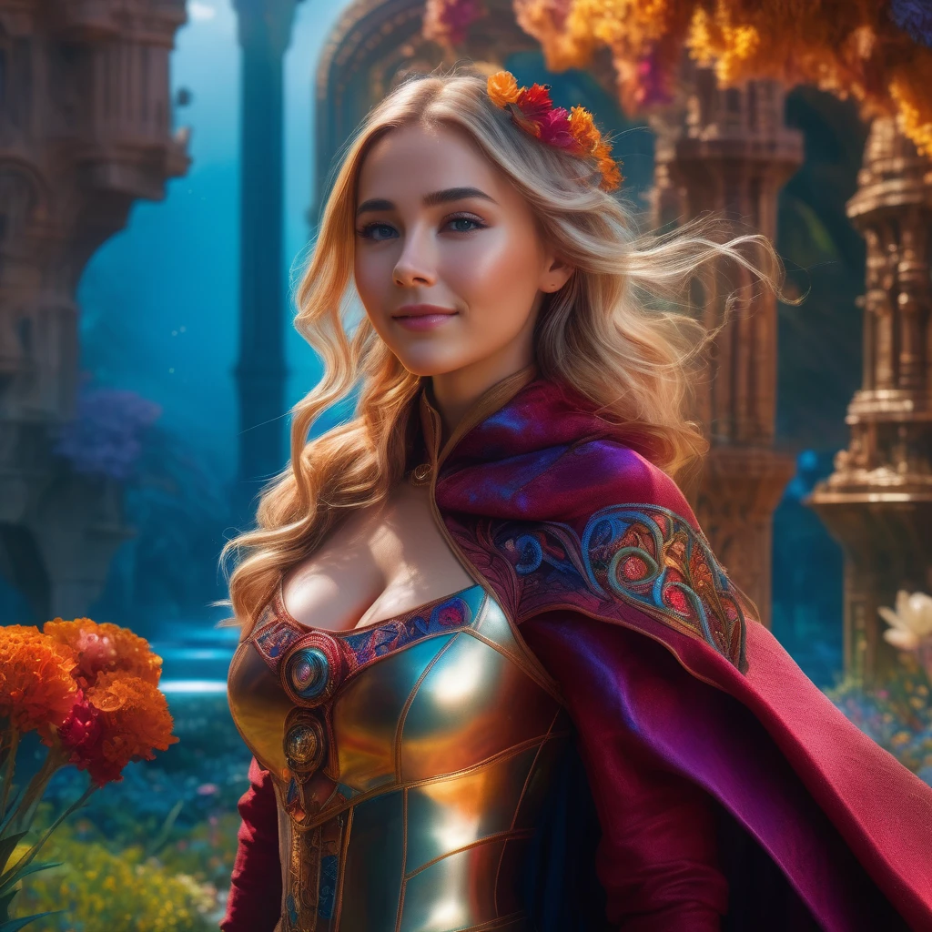 medium shot,4k,best quality,masterpiece,1 American girl, a girl,blond hair, (best quality, masterpiece, colorful, highest detailed) upper body photo, fashion photography of cute Alone, (pretty explorer space traveler delicate girl portrait in long detailed and intricated cape, mystical maze garden), view from above, long hair, flowers, dnd character, insanely detailed, 8k, Movie Poster, intricate, beksinski, production cinematic character render, artstation trends, sharp focus, studio photo, realism, expert, intricate, insanely detailed, 4k resolution, sunset, by Drew Struzan, Artgerm, WLOP, moon, rutkowski, loish, rhads, rossdraws, highly detailed, walk on camera, (water), mesmerizing scenery from another world, kingdom, (intricate details), (dynamic angle), smile,(oil shiny skin:1.0), (big_boobs:2.0), willowy, chiseled, (hunky:2.6),(( body rotation 120 degree)), (perfect anatomy, prefecthand, dress, long fingers, 4 fingers, 1 thumb), 9 head body lenth, dynamic sexy pose, breast apart, (artistic pose of awoman),(PnMakeEnh),Extremely Realistic,Vibrant colors palettes,better photography,steampunk style,steampunk,chrometech, fire element