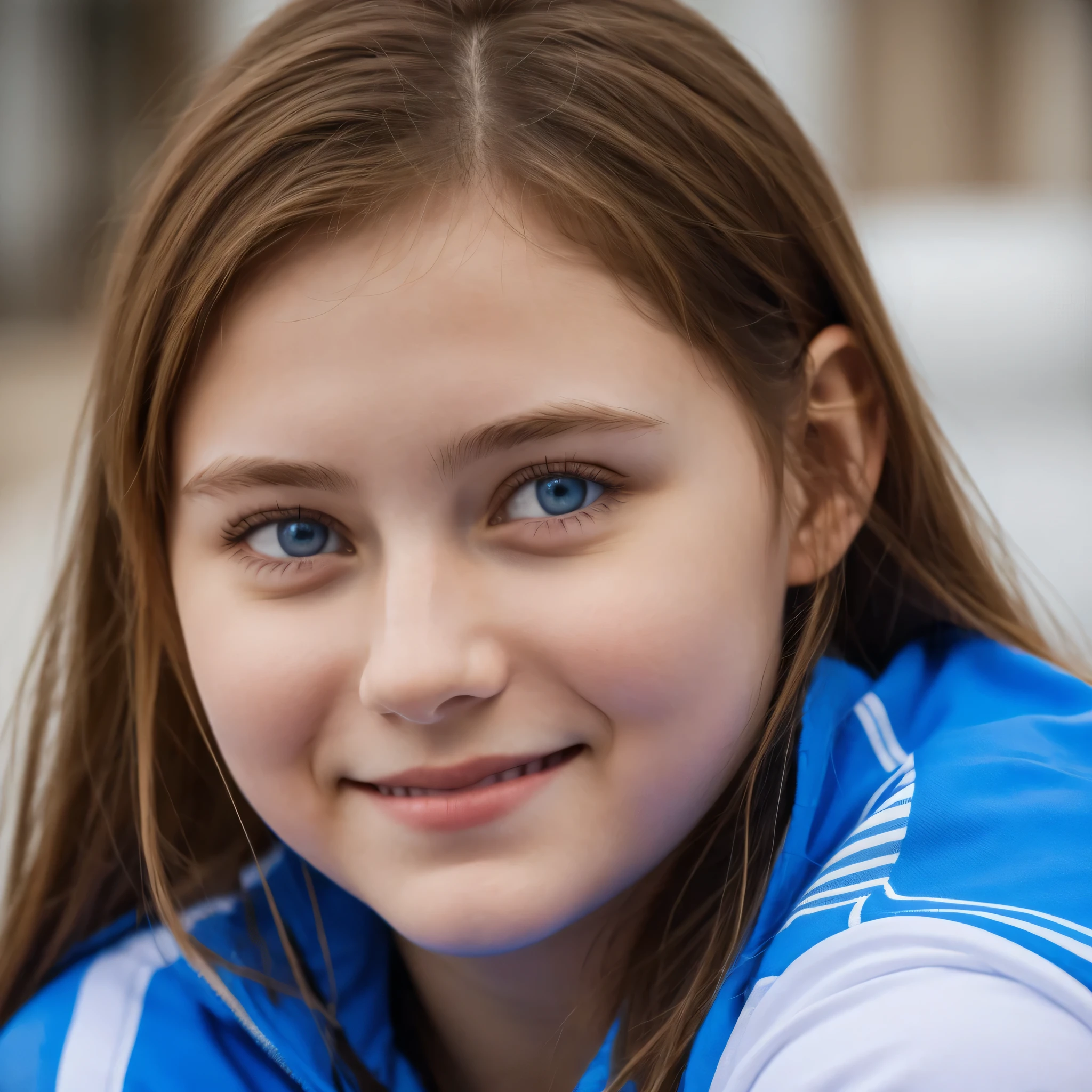 Russian girl 15 year old, Braun hair, blue eyes, thick chubby smiling face,