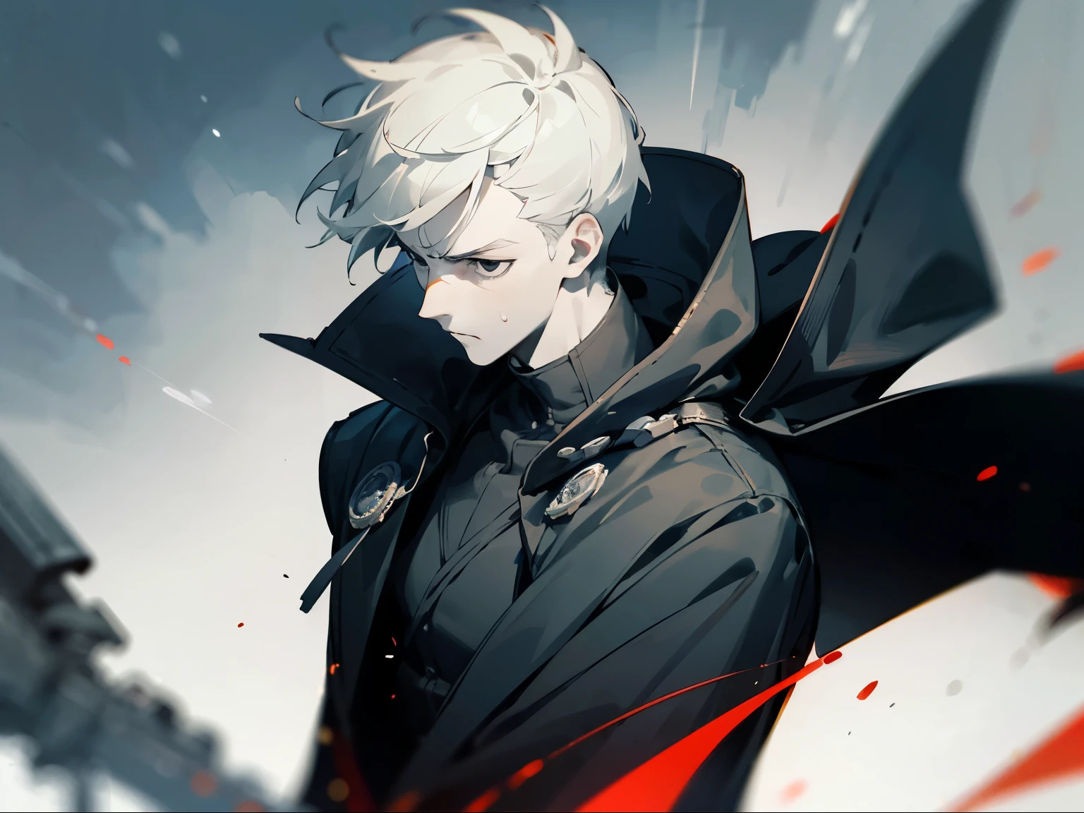 1man, cold, neutral, strict, uncaring expression, straight jet balck hair, short hair, strict, black eyes, pale skin, dull colors, covered by cape, adult face, sharp focus, mature, solo, blurry foreground, cinematic lighting, suit, tired face, depressed face