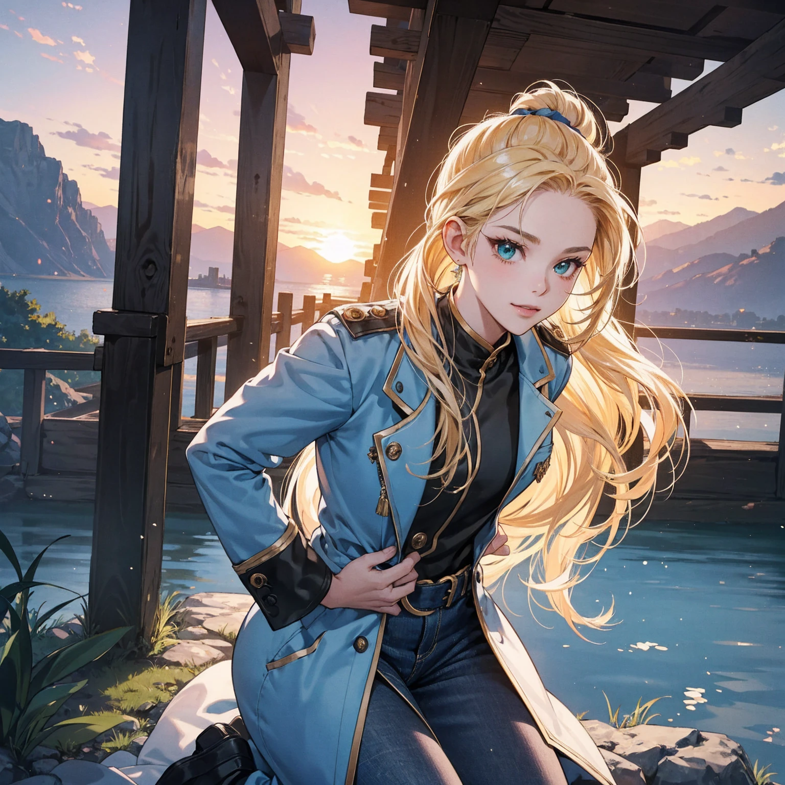 「Young and vibrant female character。feature is、Sparkling green eyes and long blonde hair in a ponytail。Her appearance is、Dress to spark your sense of adventure、He is wearing a leather jacket and dark blue jeans.。Personality、Curious and courageous、But sometimes there is compassion.、Thoughts of friends。The dream of the future、Travelling around the world and discovering new placeemories of the past、The moment when the magnificent sunset I saw as a  sinks into the silhouette of the mountains。In the close-up of the face、Capture her bright smile and determined gaze.、In the full-body image、Magnificent Mountain々Against the backdrop of、He is posing with a map spread out, planning his next adventure.。This world view is、A fusion of fantasy and the near future where magic and science coexist。」