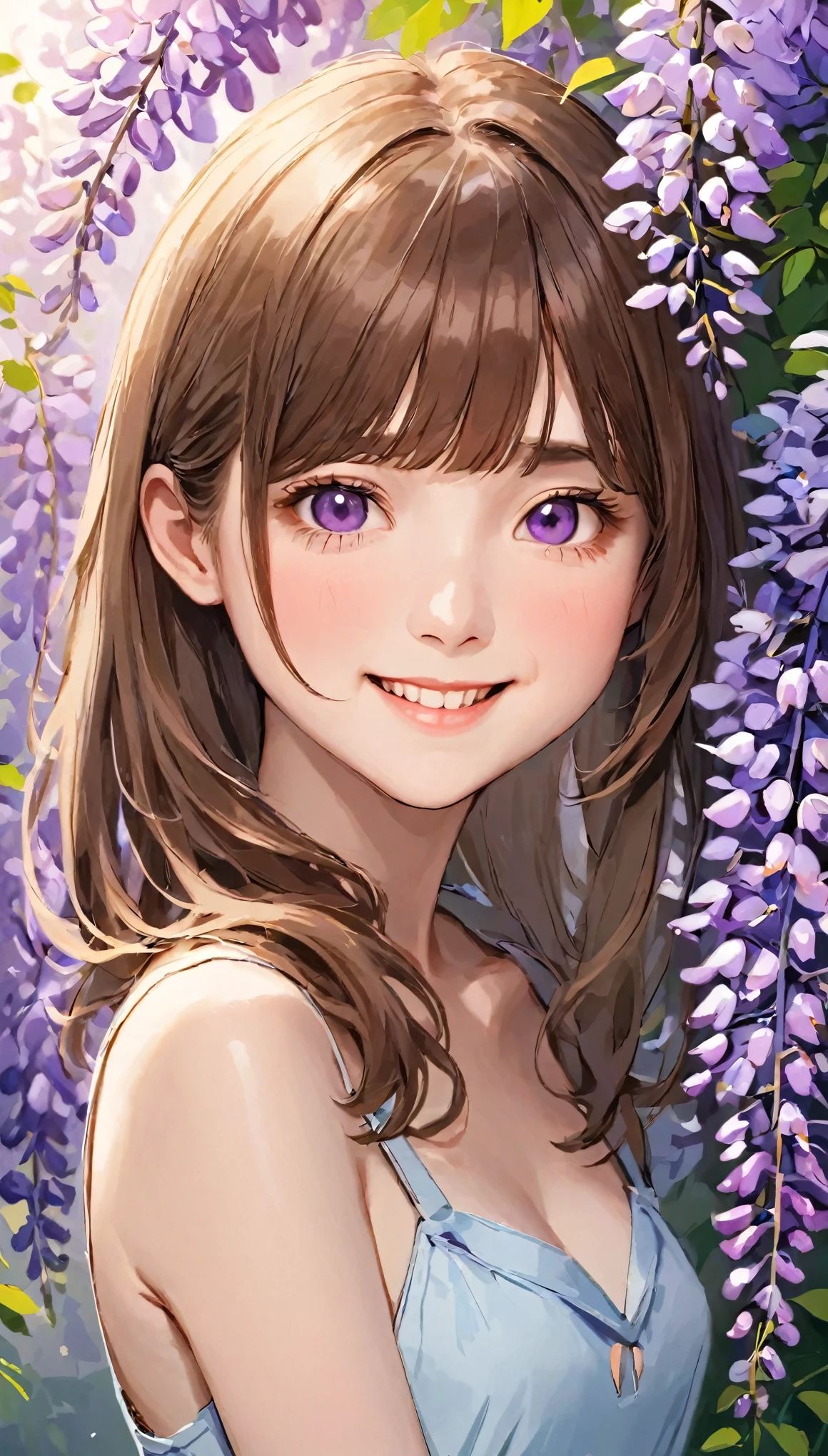 ((masterpiece)), ((highest quality)), (RAW Photos:1.2), (High resolution:1.3), (Professional photography:1.2), (12 years old), (Very detailed), One girl, alone, The body is slim, View the viewer, (Playboy_bunny:1.3), (Simple Background), Clear Face, Blunt bangs, Messy Hair, Medium Hair, Brown Hair, Bobcut, blush, Smile of shame, Open your mouth, (wave hands), (Purple wisteria blooms in profusion),
