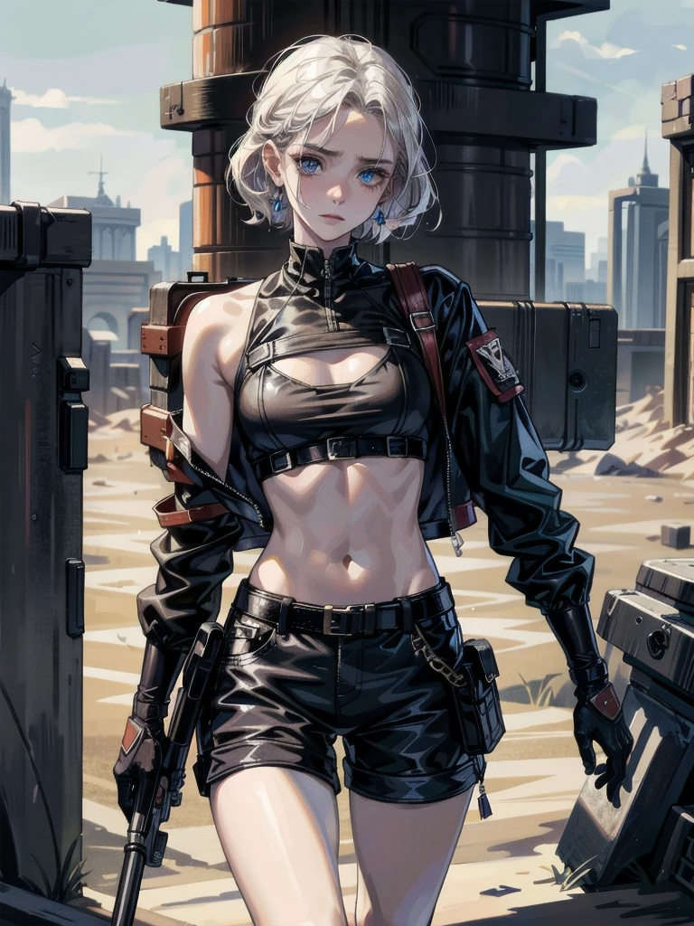 whole body, gunman attire, post apocalyptic desert city, absurdres, RAW photo, extremely delicate and beautiful, masterpiece, Best Quality, ultra high resolution, 32k, hyperrealistic, ultra-detailed, detailed description, pale skin, 20 years old, detailed beautiful face and eyes, tearful mole, earring, Colossal tits, short medium hair, wavy hair, midriff, shorts,