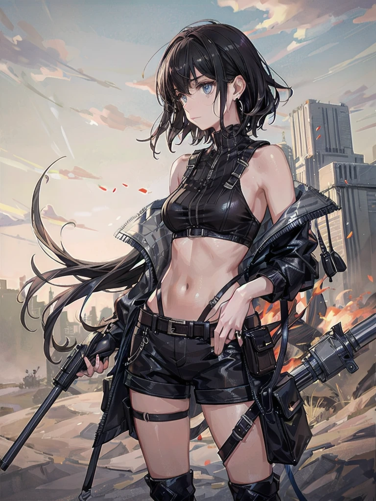 whole body, gunman attire, post apocalyptic desert city, absurdres, RAW photo, extremely delicate and beautiful, masterpiece, Best Quality, ultra high resolution, 32k, hyperrealistic, ultra-detailed, detailed description, pale skin, 20 years old, detailed beautiful face and eyes, tearful mole, earring, Colossal tits, short medium hair, wavy hair, midriff, shorts,