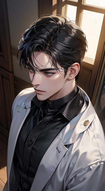 (best quality, masterpiece, 8K, photorealistic, cinematic lighting, 1:4 hdr image, top view, ultra detailed, beautiful image), a mature man, very handsome, short black hair, black eyes, perfect face without errors , (CEO)
