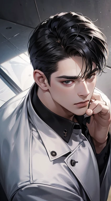 (best quality, masterpiece, 8K, photorealistic, cinematic lighting, 1:4 hdr image, top view, ultra detailed, beautiful image), a mature man, very handsome, short black hair, black eyes, perfect face without errors , (CEO)