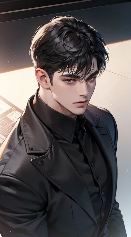 (best quality, masterpiece, 8K, photorealistic, cinematic lighting, 1:4 hdr image, top view, ultra detailed, beautiful image), a mature man, very handsome, short black hair, black eyes, perfect face without errors , (CEO)