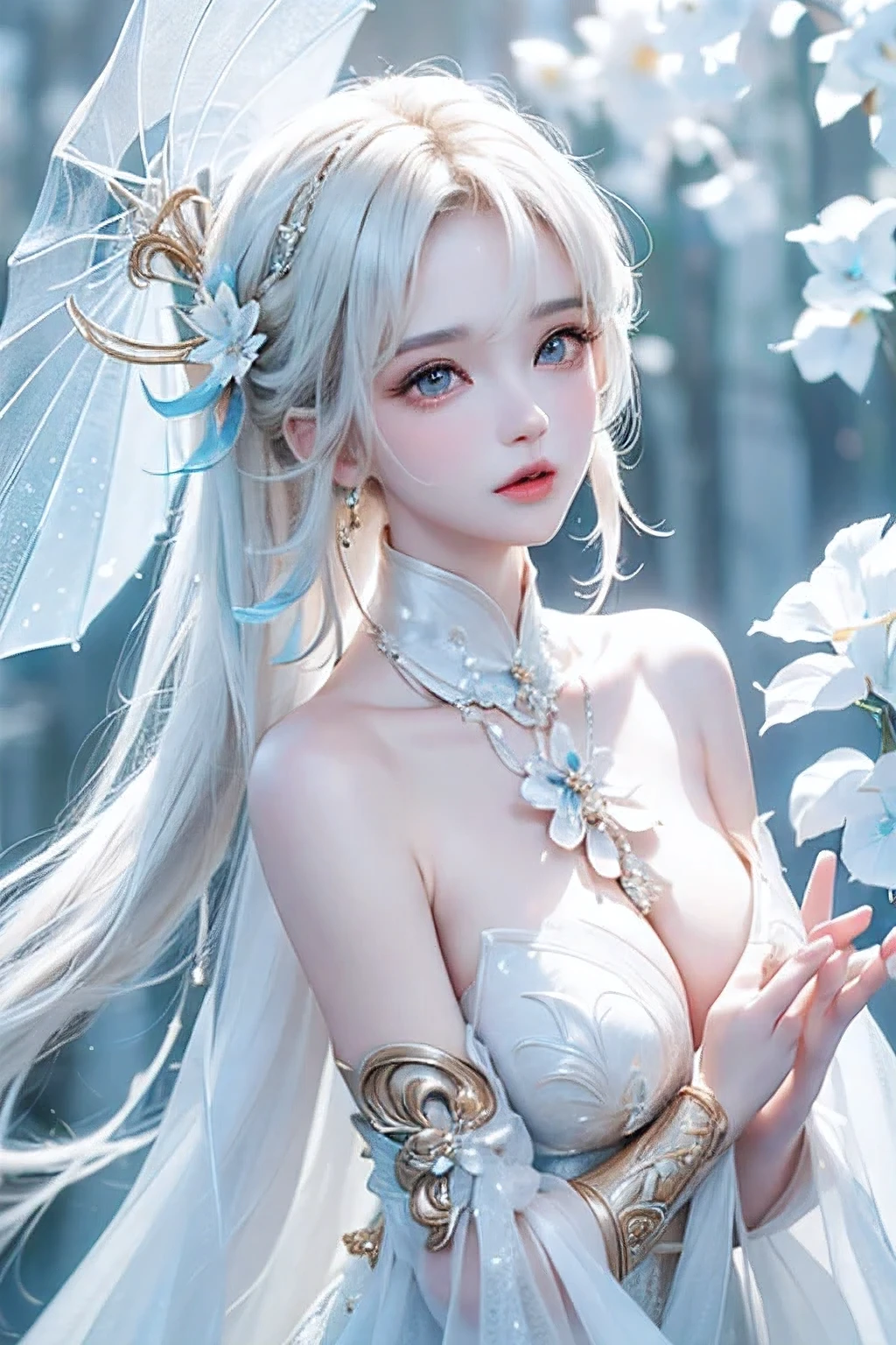 ((From the waist up))((masterpiece:1.5、8k、Portraiture、Photorealistic and very detailed CG、Very detailed、Particle Effects、Dynamic Effects、Written boundary depth、Cinematic Light、Lens flare、Ray Tracing、Tabletop、Realistic:1.4、超A high resolution:1.2、Realistic、Realistic))((alone、,Woman in turtleneck dress:1.4、Model-like pose:、sideboob、Ample breasts、Detailed face、Bright expression、young, Brighter, Whiter skin、Best Looks、Ultimate beauty、White hair with shiny highlights:1.8、bright and shiny hair,、Super long, Silky straight hair、Hair swaying in the wind))(Fantastic transparent flower々Surrounded by、White Background、Great background、Thin petals fluttering down)Wedding dress
