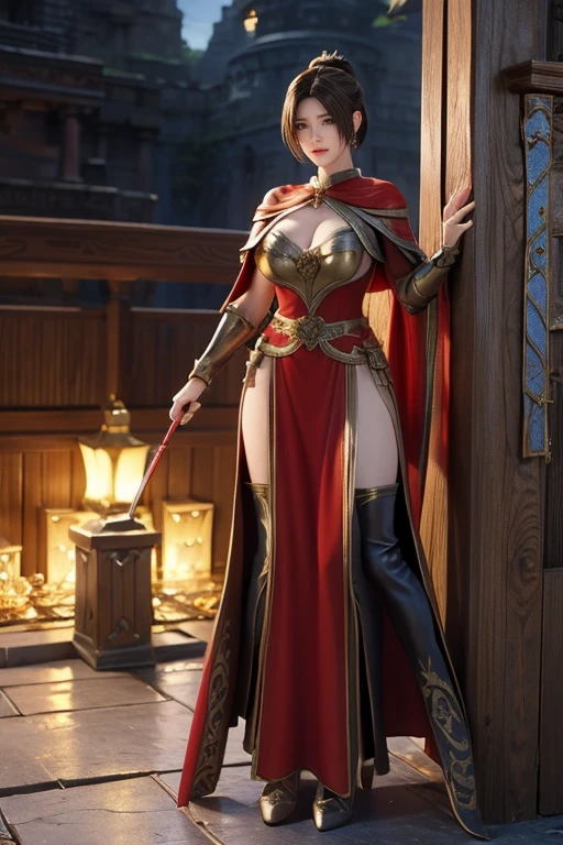masterpiece，Best Quality，Very high resolution，8k, ((Portraiture)), Original photo，Actual photo，Digital photography，(中世ファンタジーとパンクを融合させた女性Adventurer)，(Adventurer，mercenary)，24-year-old girl，(short hair)，(Red Eyes)，(Very beautiful eyes)，(Big Breasts)，noble and charming，Elegant and beautiful，seriously，(Fantasy style magic battle suit，combination of metal and leather，Cape，Beautiful patterned dresses，Intricate Badge Shine，joint armor，Court Open)，Medieval character style，Explorers in fantasy，Photo pose，Outdoor Background，Cinema Lighting，Ray Tracing，Game CG，oc rendering reflection texture, (whole body:1.7), (Bikini Armor)