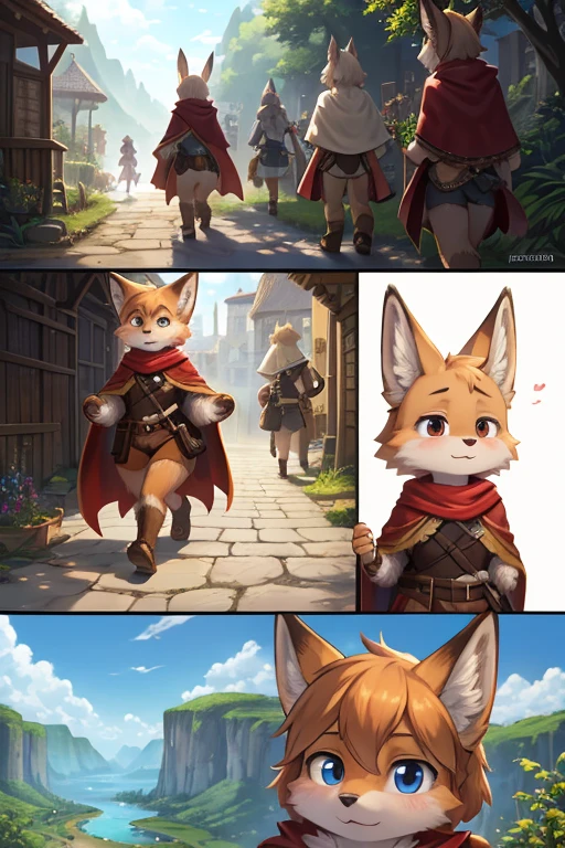 The various events that occur during the journey form the story of the film. As the film is traveling, the locations of each scene change , various view , happening scene , dynamic move , hairy Short stature fox girl with Townspeople , (realistic hairy bunny fur:1.2) , round face , (tilt face:1.2) , (half-open eyes) , Swollen cheeks , glossy lips , (Looking away , Look around:1.2) ,  (wearing fantastic wear and Cape) , travel bag , Walking around the fantasy world