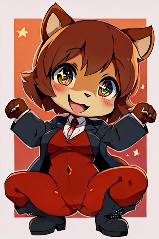 boy, squirrel, furry, bodyfur, blazer, bottomless, color tights, gloves, boots, chibi, happy, sparkling eyes, squatting, spread legs, arms up, paw pose