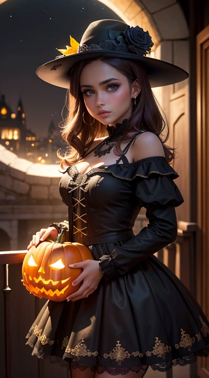 (La mejor calidad,4k,8K,Altas Resoluciones,Obra maestra:1.2),Ultra detallado,(realista,fotorrealista,fotorrealista:1.37), retrato, hechicera, Luz de la luna, calabaza, Resplandor espeluznante, espeluznante, atmospheric, encantador, Oscuro y encantador, Hora dorada, Hallowe&#39;en, mystic, magical, bruja, witchcraft, Fascinante, ethereal, Mystical fog, Misterioso, Obsesionante, Grim figures, Bosque encantador, Hechicero, Rayo de luna, mystical aura, ojos hechizantes, cautivador, de otro mundo, witchcraft, cielo iluminado por la luna, Noche encantada, Silueta iluminada por la luna, mystical powers, mysterious atmosphere, lanzador de hechizos, Magia a la luz de la luna, inquietantemente hermosa, Encantamiento en el aire, ethereal beauty.