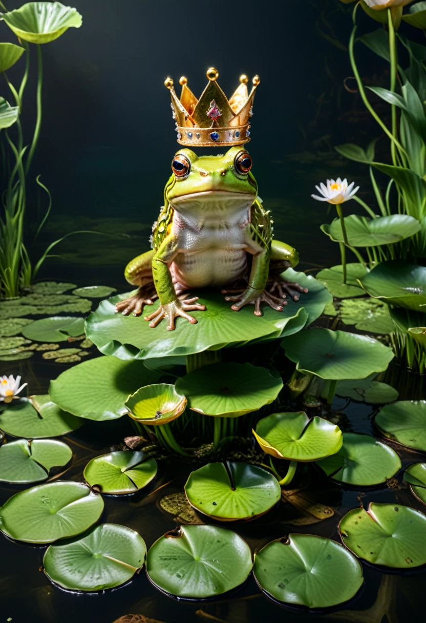 A frog wearing a crown and sitting on a makeshift throne of lily pads,  Absurdres, ultra realistic, professional lighting, Wide range of colors, UHD, (masterpiece, best quality, Professional, perfect composition, very aesthetic, absurdres, ultra-detailed, intricate details:1.3)