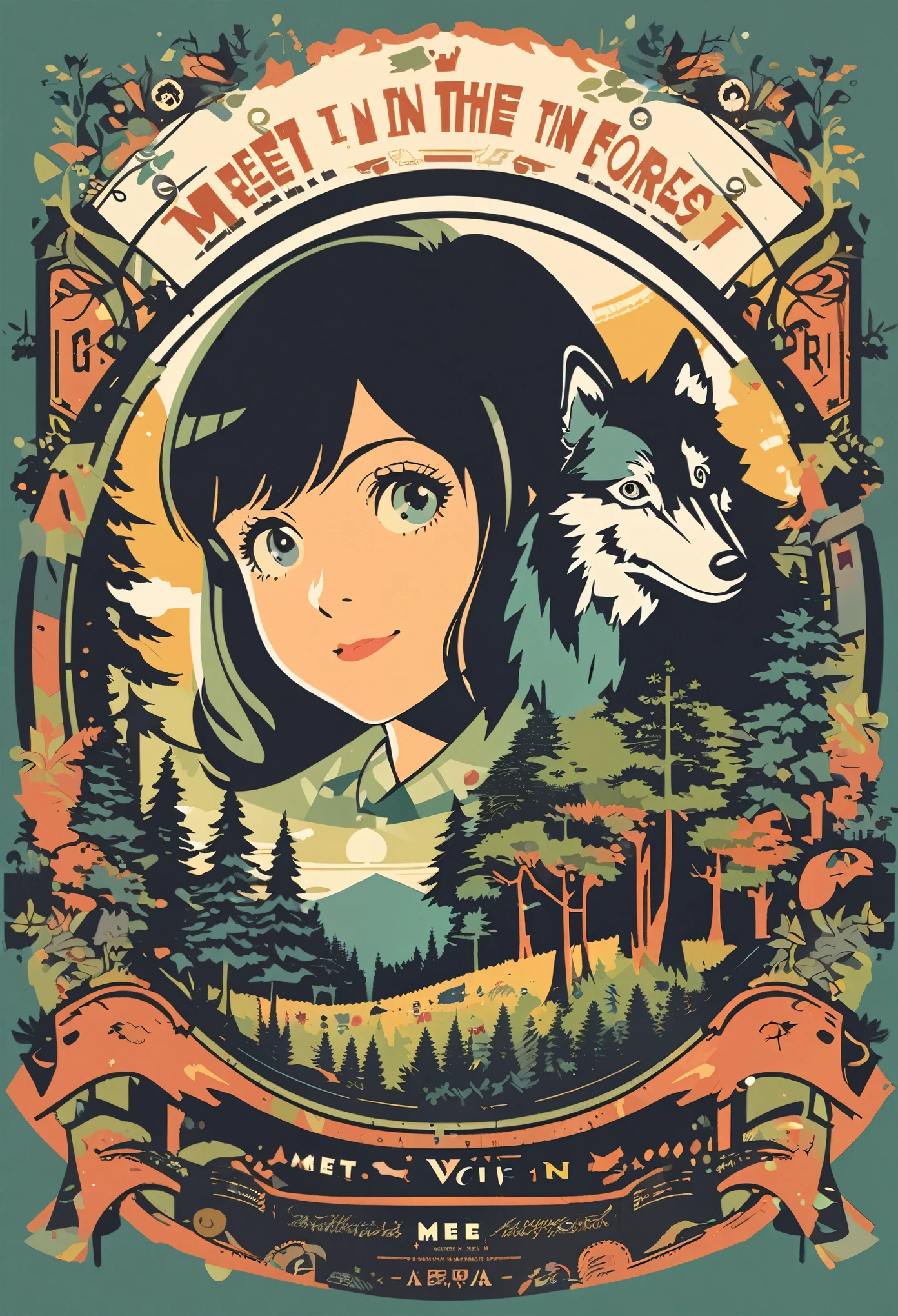 cover page, ephemera, label, retro, Vintage, A girl and a wolf meet in the forest, flat Design, vector illustrations, graphic illustration, detailed 2d illustration, flat illustration, digital illustration, digital artwork,