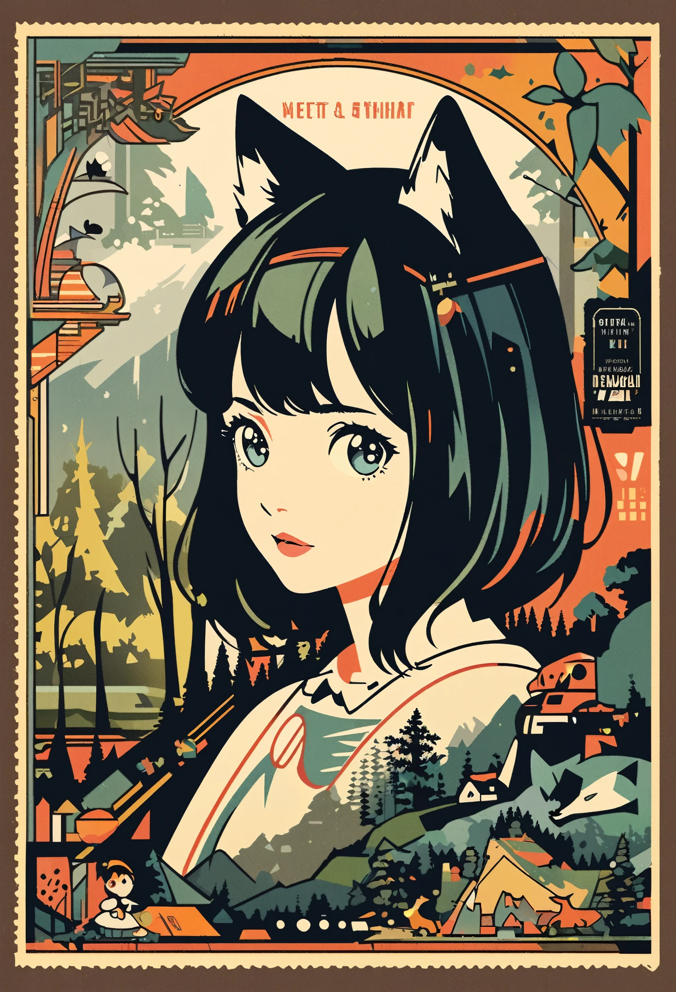 cover page, ephemera, label, retro, Vintage, A girl and a wolf meet in the forest, flat Design, vector illustrations, graphic illustration, detailed 2d illustration, flat illustration, digital illustration, digital artwork,