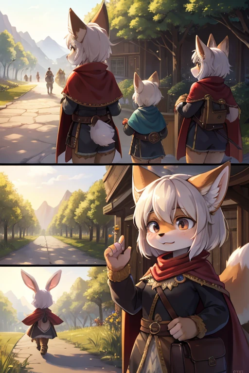 The various events that occur during the journey form the story of the film. As the film is traveling, the locations of each scene change , various view , happening scene , dynamic move , hairy Short stature fox girl with Townspeople , (realistic hairy bunny fur) , round face , (tilt face:1.2) , (half-open eyes) , Swollen cheeks , glossy lips , (Looking away , Look around:1.2) ,  (wearing fantastic wear and Cape) , travel bag , Walking around the fantasy world