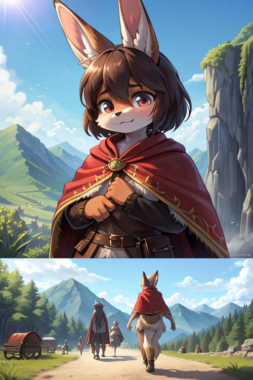 The various events that occur during the journey form the story of the film. As the film is traveling, the locations of each scene change , various view , happening scene , dynamic move , hairy Short stature fox girl with Townspeople , (realistic hairy bunny fur) , round face , (tilt face:1.2) , (half-open eyes) , Swollen cheeks , glossy lips , (Looking away , Look around:1.2) , (wearing fantastic wear and Cape) , travel bag , Walking around the fantasy world