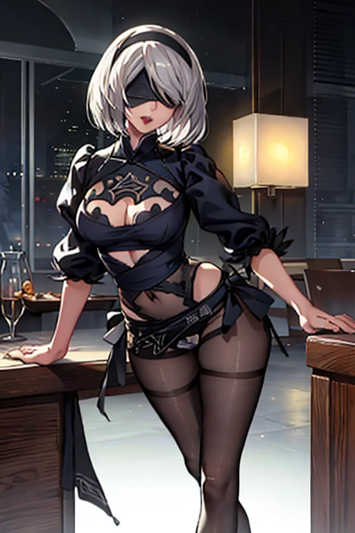 ((highest quality)), ((masterpiece)),(detailed),High resolution,Sharp focus,(非常にdetailed CG unity 8k wallpaper), (((Vibrant colors))), Perfect Face,One girl,Five Fingers, Game Characters,2B,Yoruhano. 2 Type B,Nier Automata, High resolution,Second dimension beautiful girl,Super Beauty,Glowing Skin,Shiny silver hair,Short Bob Hair, Big Breasts,glamorous_expensive_Tight waist_Long legs,curve, Camel Toe,Blindfold,Black eye mask,hair band, cute,Lewd,erotic,Bold,露出度のexpensive服装,show 肌,