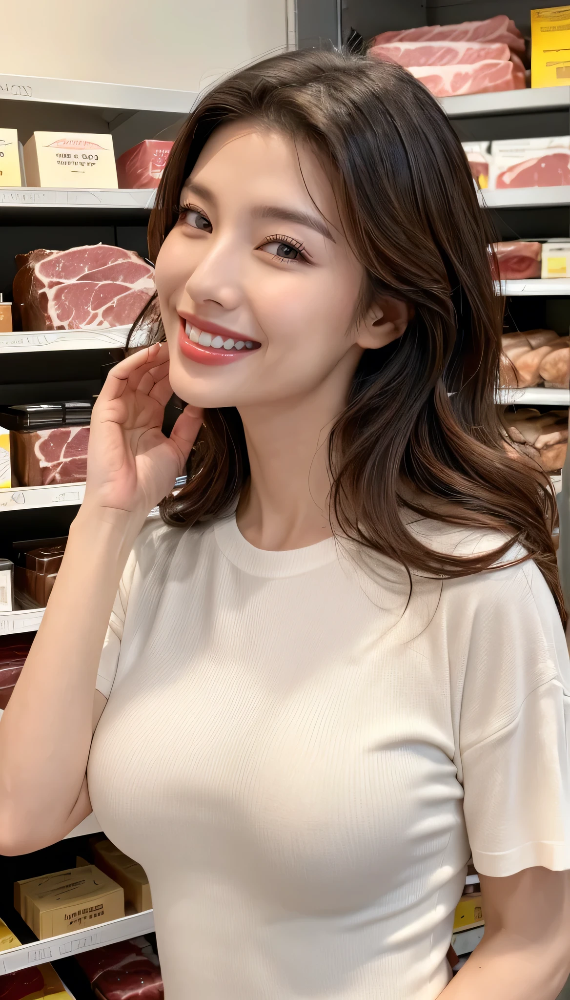 (highest quality、masterpiece、8k、Best image quality、whole body、Hyperrealism、Award-winning works)、(1 35 year old mature woman:1.2)、(35 year old mature woman:1.2)、(Slender body:1.1)、(Very large breasts bigger than a face:1.65)、The most elegant long wavy hairstyle、(Accentuate your body lines:1.1)、(Tight plain white t-shirt:1.2)、(Damaged Denim Shorts:1.1)、(Standing Elegantly:1.2)、(Meat specialty store:1.1)、(Blurred Background:1.1)、(The most natural and perfect meat specialty store:1.1)、Meat is sold in bulk、The most natural interior, Perfectly organized、(A shelf full of meat:1.1)、(A lot of meat is neatly lined up on the shelves..:1.1)、(Beautiful skin that shines Very brightly:1.4)、(Very bright:1.4)、walk gracefully down the aisle、(The most beautiful smile looks at me:1.2)、Upper body photo、Accurate anatomy、Big Breasts、Accentuate your body lines、Perfect Makeup、Long eyelashes、Bright lipstick、Beautiful glossy lips、Ultra HD glossy skin、Ultra-high definition, radiant skin、Ultra High Resolution Glossy Lips、(Ultra high resolution perfect beautiful teeth:1.2)