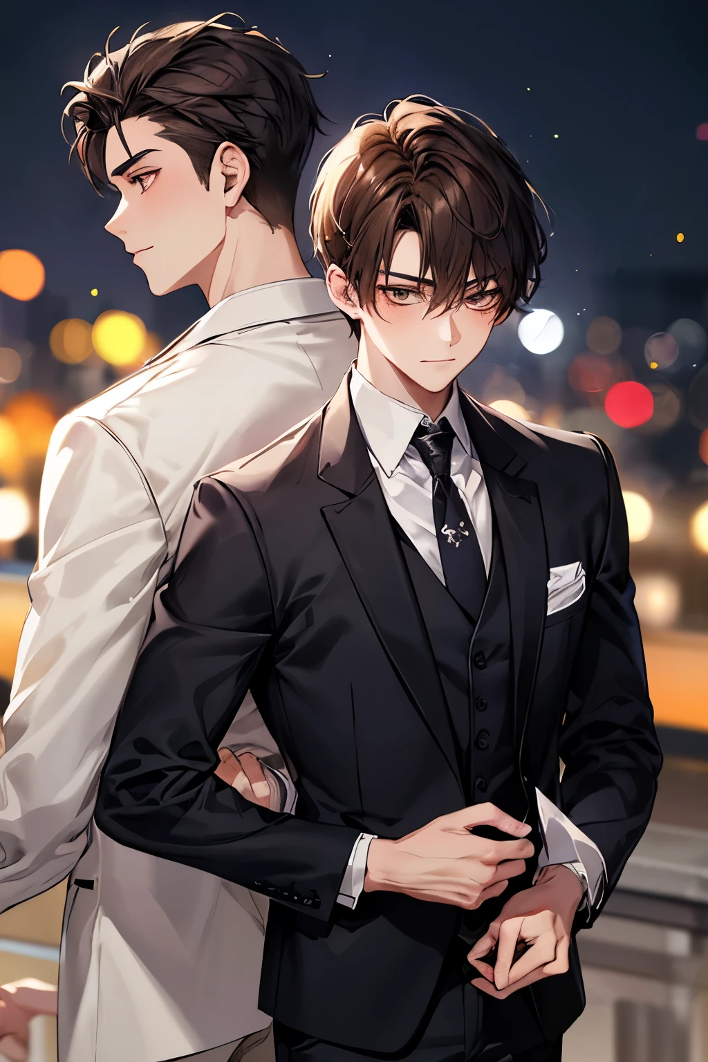 2boy, mise au point du visage, 1 adulte costume cheveux noir peau clair corps chamois yeux sombre, 1 teenager 18 years old school suit brown hair very white skin brown eyes , best quality, facial detail, detail background, fond bokeh, deux jeunes hommes, a brown hair high school student, and the other black hair muscular bodyguard, represents a forbidden relationship with two men
