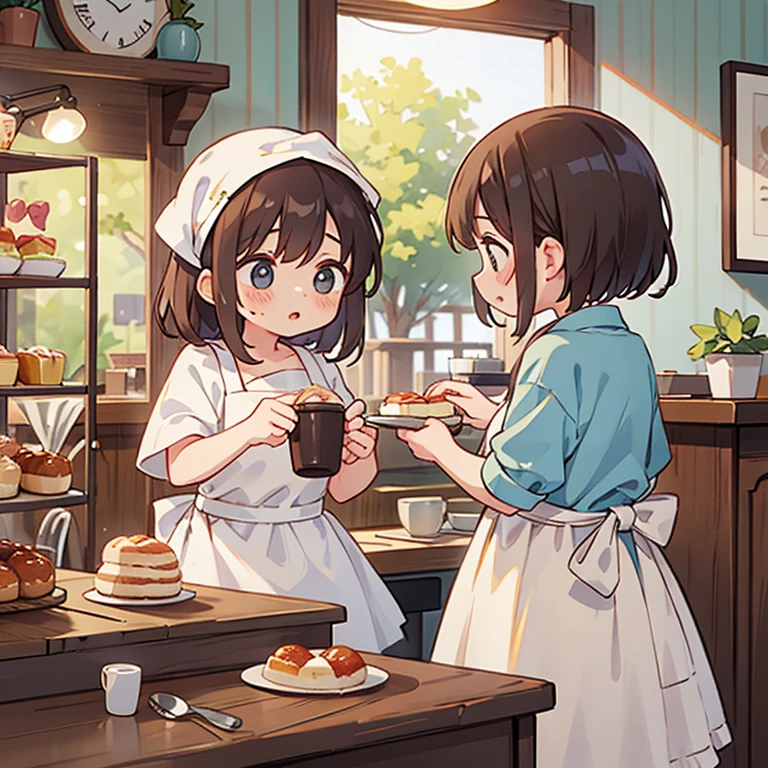 Girls with towels wrapped around their heads making soufflés in a cafe　Wearing an apron