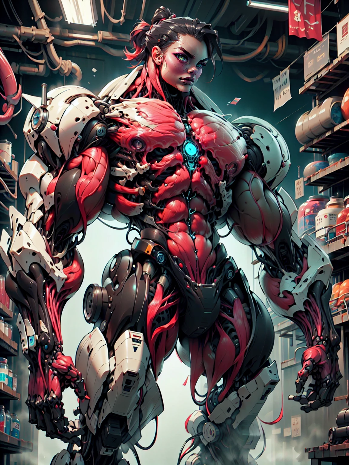 (1 girl), (cara delevingne), (muscular android girl wearing a black anatomic cybernetic muscle suit:1.25), (wide shoulders:1.25), (muscular defined physique:1.25), perfect hands, long hair, large breasts, high resolution image, extreme detail, blank background