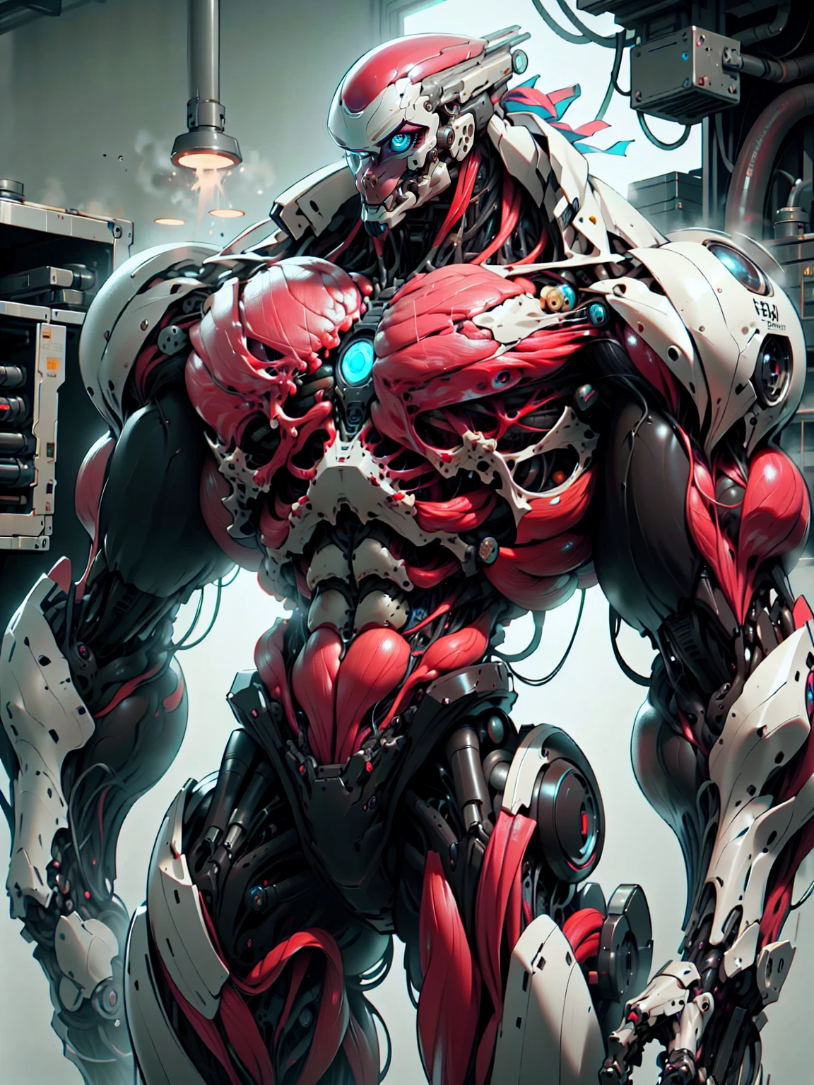 (1 girl), (cara delevingne), (muscular android girl wearing a black anatomic cybernetic muscle suit:1.25), (wide shoulders:1.25), (muscular defined physique:1.25), perfect hands, long hair, large breasts, high resolution image, extreme detail, blank background
