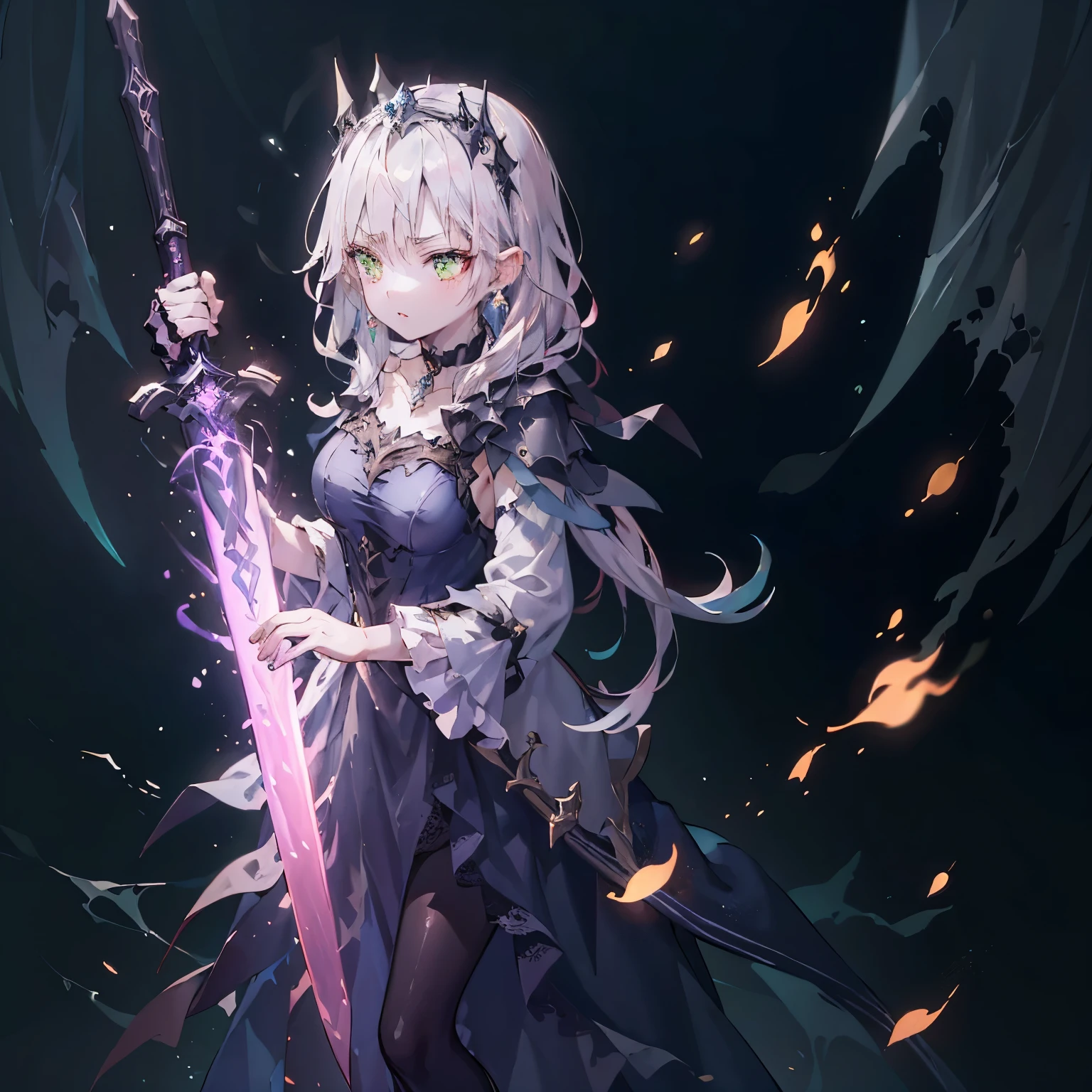 (highest quality, masterpiece, Very detailed, Very detailed, Exquisite, 16k,Full HD),A little closer,Golden Ratio,Prepare your sword,Fight with swords and magic,Serious atmosphere,Dramatic lighting,Dark atmosphere, ((one person:1.5)),(Late Night),(Magic Castle,Gothic castle),From above,((head shot)),Black Flame Magic,(Fairy Knight Princess, Green Eyes, Long eyelashes,White skin,slim,pale pink plump lips,Pale pink cheeks, The wind is blowing,thin and long,(thin and high nose,Small Nose),(腰の少しFrom above巨大な妖精の羽),black magic,Jet Black Tiara,Diamond Earrings,Diamond Choker,(black ball gown dress, Lace and frills),(seriously), (Fantasy, Romantic atmosphere),