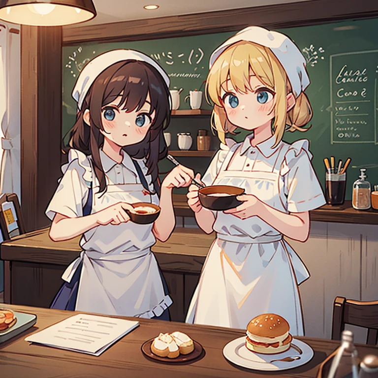 Girls with towels on their heads making lots of soufflés at a cafe　Wearing an apron