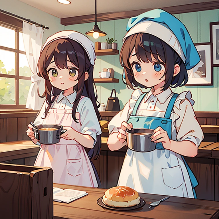 Girls with towels on their heads making lots of soufflés at a cafe　Wearing an apron