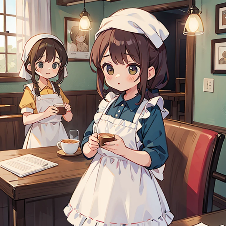 Girls with towels on their heads making lots of soufflés at a cafe Wearing an apron