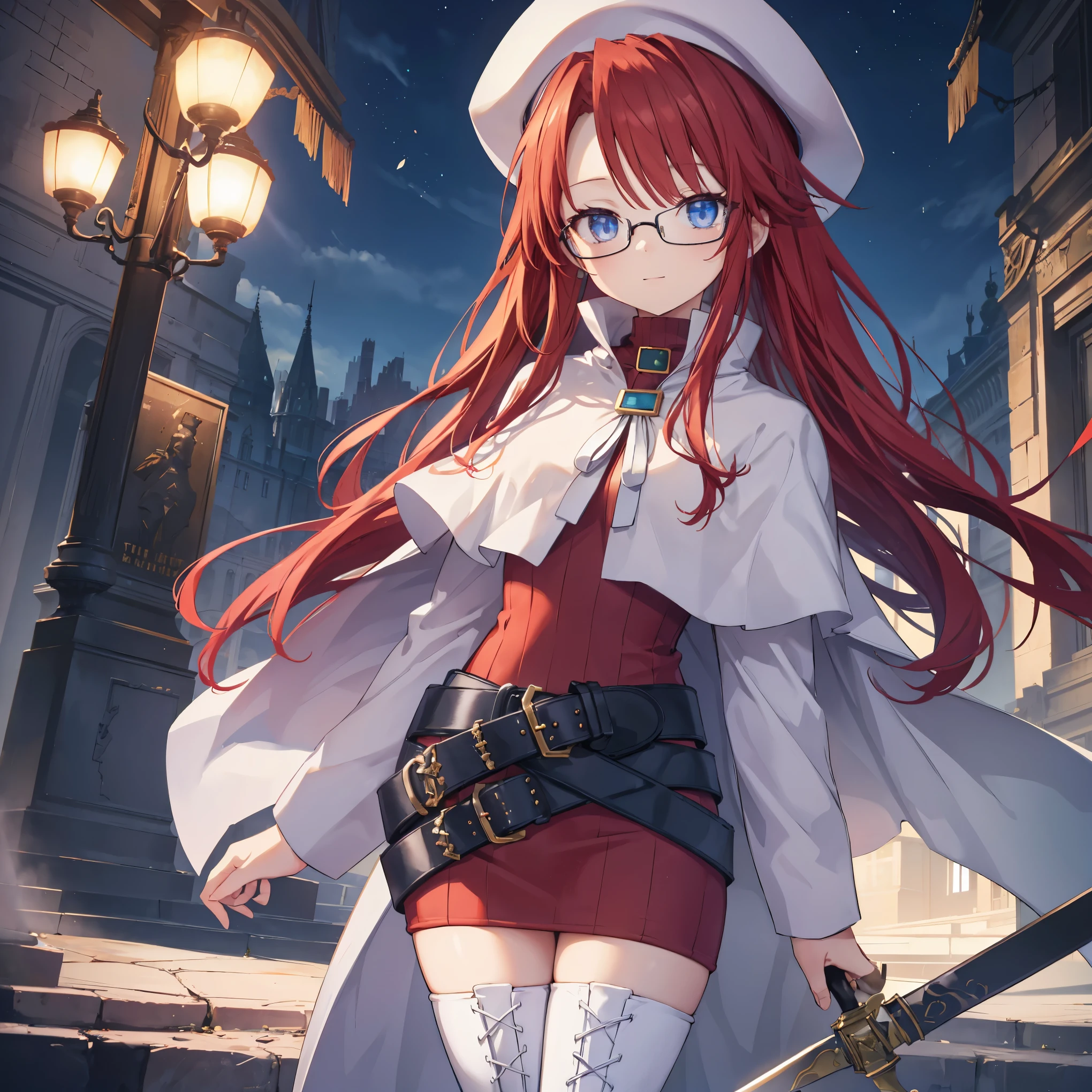 pov,(nsfw:1.2),summonnightaty, aty, (young:1.3),long hair, blue eyes, red hair, beret, hat, glasses,
BREAK long hair, thighhighs, hat, dress, boots, glasses, belt, cape, sweater, zettai ryouiki, beret, thigh boots, white footwear, ribbed sweater, loose belt,solo,
BREAK outdoors, fantasy,
BREAK (masterpiece:1.2), best quality, high resolution, unity 8k wallpaper, (illustration:0.8), (beautiful detailed eyes:1.6), extremely detailed face, perfect lighting, extremely detailed CG, (perfect hands, perfect anatomy),light_smile ,(half_eyes:1.4),sword,sleepy,dynamic_standing,barrel,red_sweater,apart_legs,magical_effect,focus_ass,spread_legs, back,focus_back