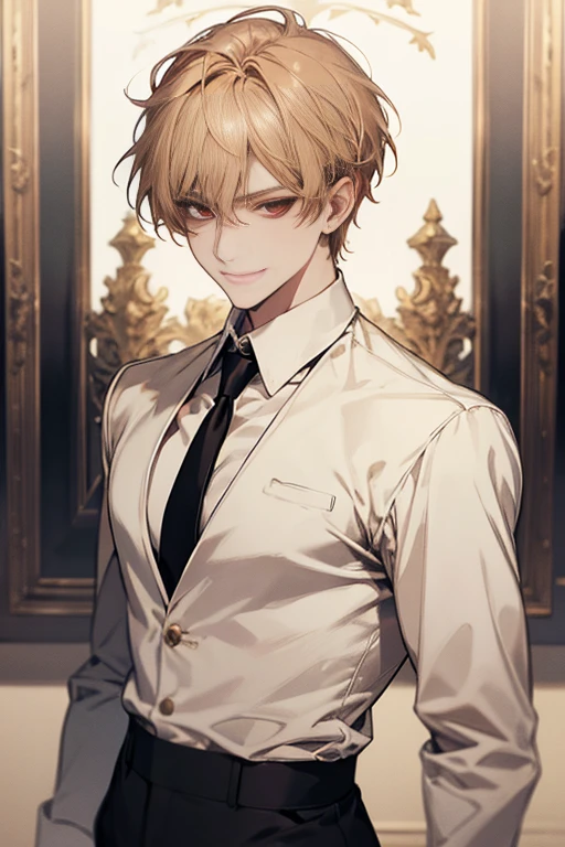 Masterpiece, best quality, finely details, red eyes, short blonde hair, smirk facial expression, white shirt, elegant, black suit.
