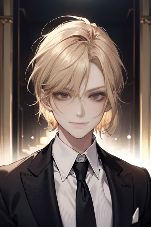 Masterpiece, best quality, finely details, red eyes, short blonde hair, smirk facial expression, white shirt, elegant, black suit.