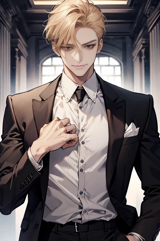 Masterpiece, best quality, finely details, red eyes, short blonde hair, smirk facial expression, white shirt, elegant, black suit.
